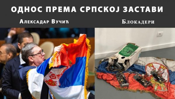 ОДНОС ПРЕМА СРПСКОЈ ЗАСТАВИ: Док је Вучић љуби, блокадери је газе и бришу ноге са њом (ФОТО)